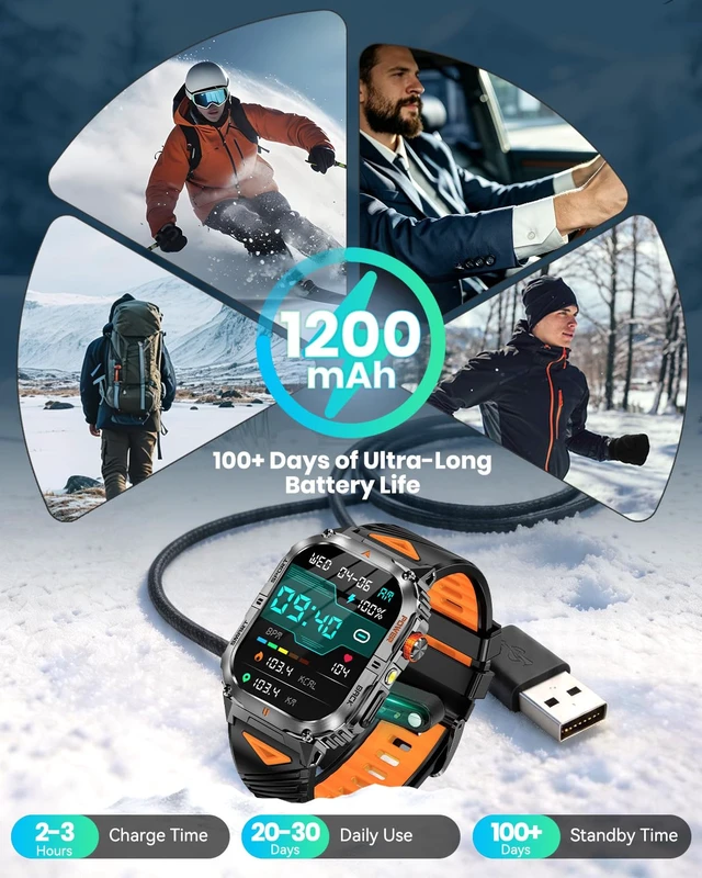 Alt view image 2 of 7 - Military Smart Watch for Men, 30-Day Battery Life, 2.0" AMOLED HD Display Bluetooth Calling, LED Flashlight, 5ATM Waterproof, 110+ Sports Modes, Fitness Smartwatch for Android & iPhone