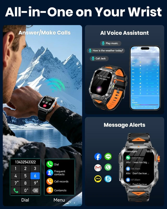 Alt view image 5 of 7 - Military Smart Watch for Men, 30-Day Battery Life, 2.0" AMOLED HD Display Bluetooth Calling, LED Flashlight, 5ATM Waterproof, 110+ Sports Modes, Fitness Smartwatch for Android & iPhone
