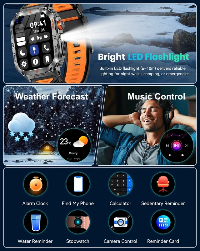 Alt view image 7 of 7 - Military Smart Watch for Men, 30-Day Battery Life, 2.0" AMOLED HD Display Bluetooth Calling, LED Flashlight, 5ATM Waterproof, 110+ Sports Modes, Fitness Smartwatch for Android & iPhone