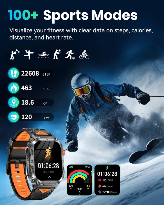 Alt view image 6 of 7 - Military Smart Watch for Men, 30-Day Battery Life, 2.0" AMOLED HD Display Bluetooth Calling, LED Flashlight, 5ATM Waterproof, 110+ Sports Modes, Fitness Smartwatch for Android & iPhone