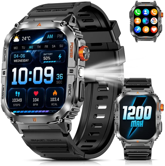Main image of Military Smart Watch for Men, 1200mAh Battery, Flashlight, Bluetooth Call 2.0" AMOLED Display, 110+ Sports Modes, 5ATM Waterproof, 200+ Watch Faces, Fitness Tracker for Android & iPhone