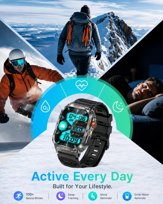 Alt view image 7 of 7 - Military Smart Watch for Men, 1200mAh Battery, Flashlight, Bluetooth Call 2.0" AMOLED Display, 110+ Sports Modes, 5ATM Waterproof, 200+ Watch Faces, Fitness Tracker for Android & iPhone