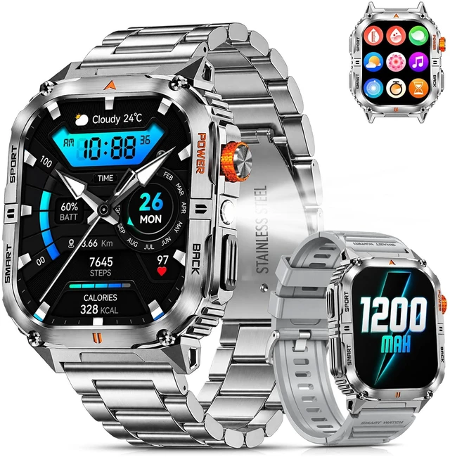 Main image of Military Smart Watch for Men, 1200mAh Battery, Flashlight, Bluetooth Call 2.0" AMOLED Display, 2 Bands, 110+ Sports Modes, 5ATM Waterproof, 200+ Watch Faces, Fitness Tracker for Android & iPhone