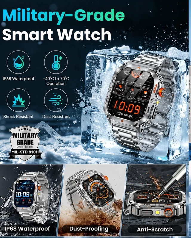 Alt view image 4 of 7 - Military Smart Watch for Men, 1200mAh Battery, Flashlight, Bluetooth Call 2.0" AMOLED Display, 2 Bands, 110+ Sports Modes, 5ATM Waterproof, 200+ Watch Faces, Fitness Tracker for Android & iPhone
