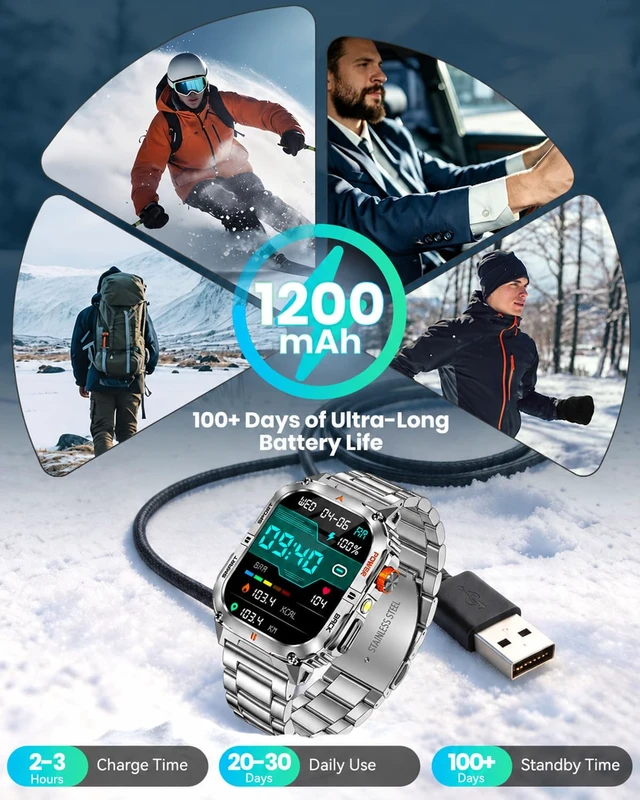 Alt view image 2 of 7 - Military Smart Watch for Men, 1200mAh Battery, Flashlight, Bluetooth Call 2.0" AMOLED Display, 2 Bands, 110+ Sports Modes, 5ATM Waterproof, 200+ Watch Faces, Fitness Tracker for Android & iPhone