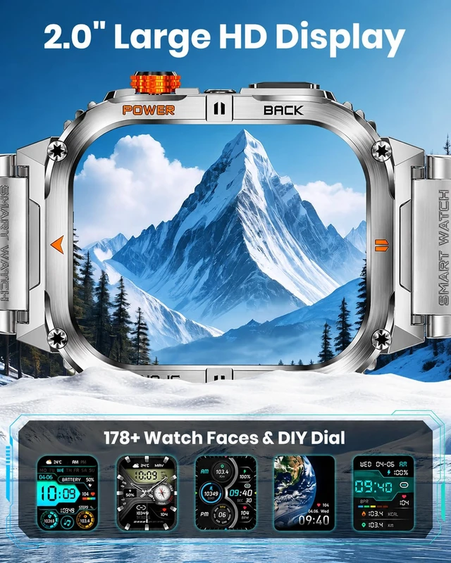 Alt view image 3 of 7 - Military Smart Watch for Men, 1200mAh Battery, Flashlight, Bluetooth Call 2.0" AMOLED Display, 2 Bands, 110+ Sports Modes, 5ATM Waterproof, 200+ Watch Faces, Fitness Tracker for Android & iPhone