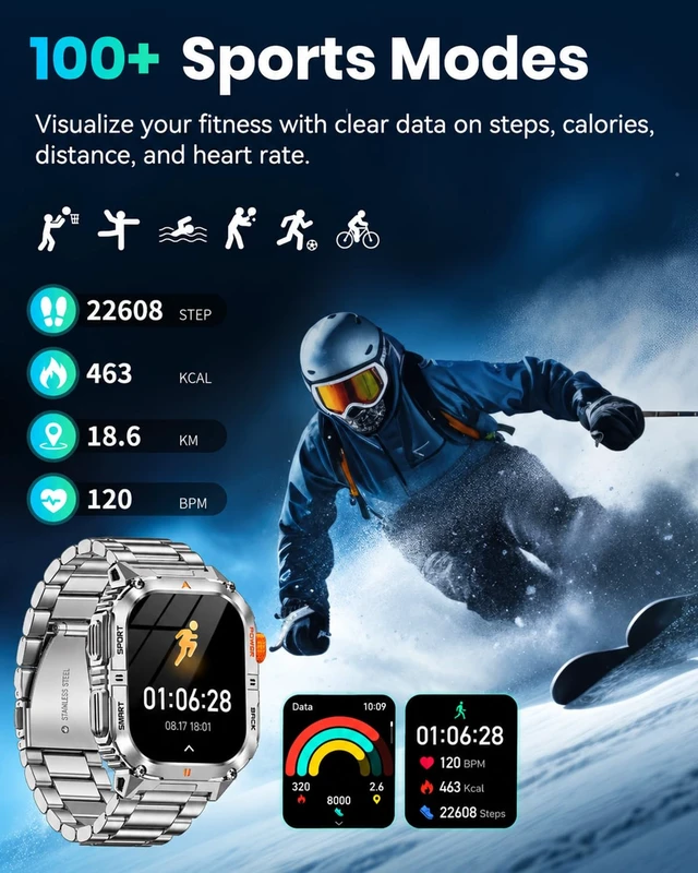 Alt view image 5 of 7 - Military Smart Watch for Men, 1200mAh Battery, Flashlight, Bluetooth Call 2.0" AMOLED Display, 2 Bands, 110+ Sports Modes, 5ATM Waterproof, 200+ Watch Faces, Fitness Tracker for Android & iPhone