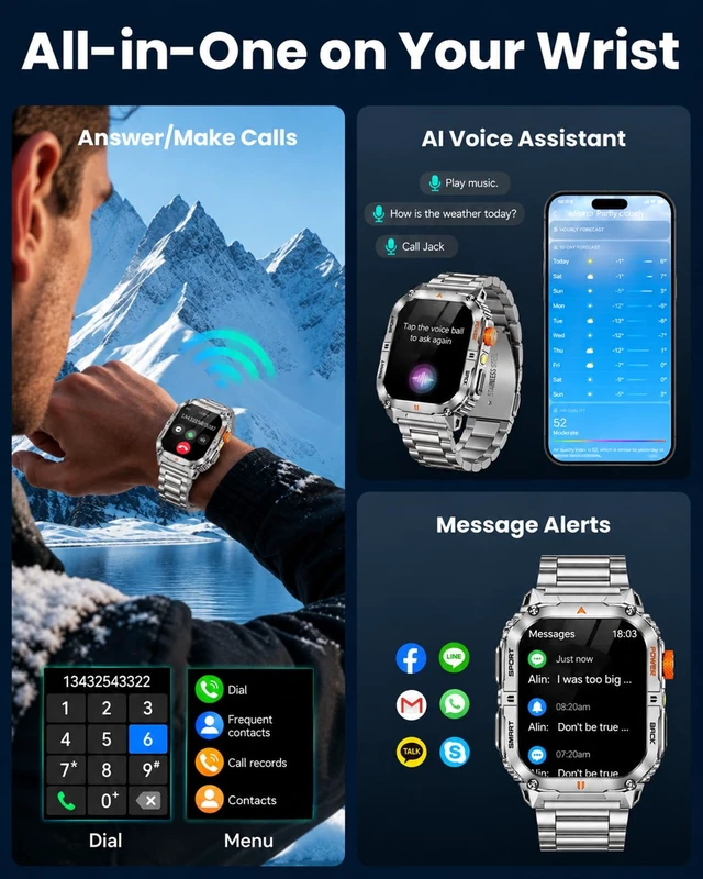 Alt view image 6 of 7 - Military Smart Watch for Men, 1200mAh Battery, Flashlight, Bluetooth Call 2.0" AMOLED Display, 2 Bands, 110+ Sports Modes, 5ATM Waterproof, 200+ Watch Faces, Fitness Tracker for Android & iPhone