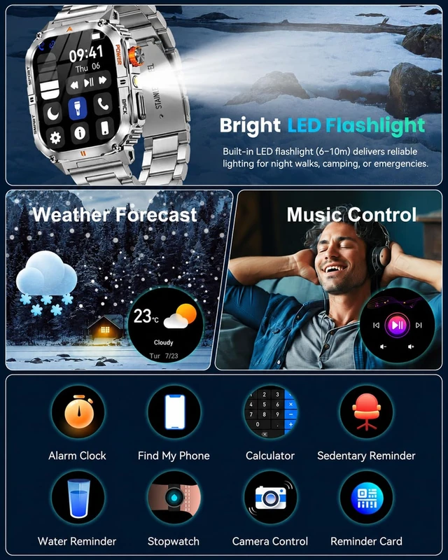 Alt view image 7 of 7 - Military Smart Watch for Men, 1200mAh Battery, Flashlight, Bluetooth Call 2.0" AMOLED Display, 2 Bands, 110+ Sports Modes, 5ATM Waterproof, 200+ Watch Faces, Fitness Tracker for Android & iPhone