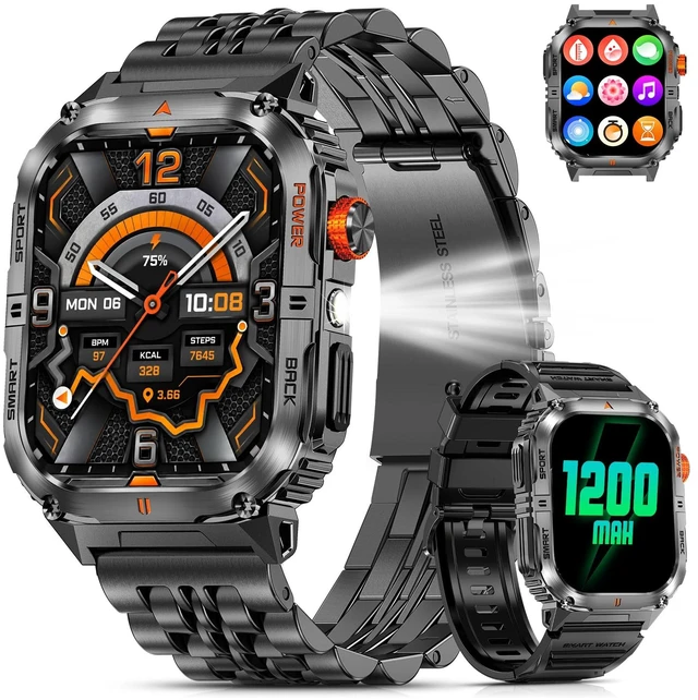 Main image of Military Smart Watch for Men, 1200mAh Battery, Flashlight, Bluetooth Call 2.0" AMOLED Display, 2 Bands, 110+ Sports Modes, 5ATM Waterproof, 200+ Watch Faces, Fitness Tracker for Android & iPhone