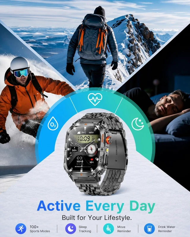 Alt view image 4 of 5 - Military Smart Watch for Men, 1200mAh Battery, Flashlight, Bluetooth Call 2.0" AMOLED Display, 2 Bands, 110+ Sports Modes, 5ATM Waterproof, 200+ Watch Faces, Fitness Tracker for Android & iPhone