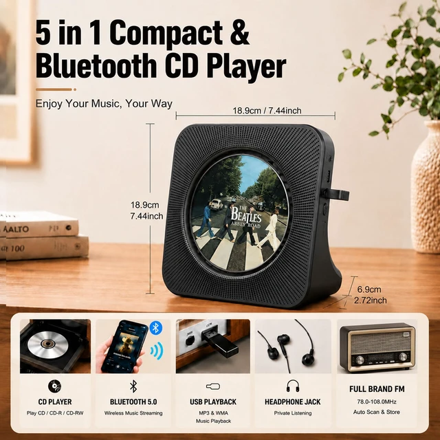 Alt view image 2 of 7 - Portable CD Player with Bluetooth, Home Radio CD Player with HiFi Speaker Compatible CD/MP3 Format, Support FM Radio/USB/AUX/Timer/FM Radio, Kids Dekstop CD Player Gift for Kpop Music Lover
