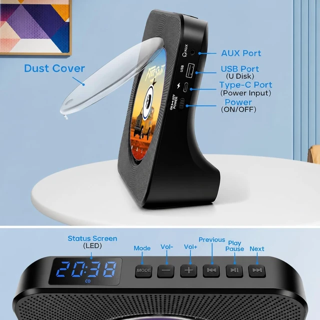 Alt view image 4 of 7 - Portable CD Player with Bluetooth, Home Radio CD Player with HiFi Speaker Compatible CD/MP3 Format, Support FM Radio/USB/AUX/Timer/FM Radio, Kids Dekstop CD Player Gift for Kpop Music Lover