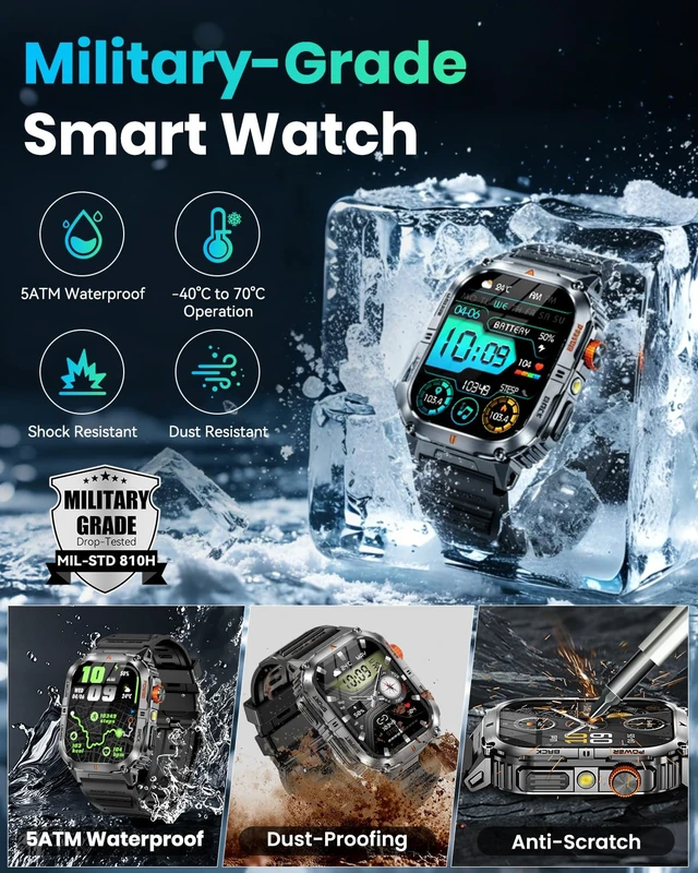Alt view image 4 of 7 - Military Smart Watch for Men, 1200mAh Battery, Flashlight, Bluetooth Call 2.0" AMOLED Display, 110+ Sports Modes, 5ATM Waterproof, 200+ Watch Faces, Fitness Tracker for Android & iPhone