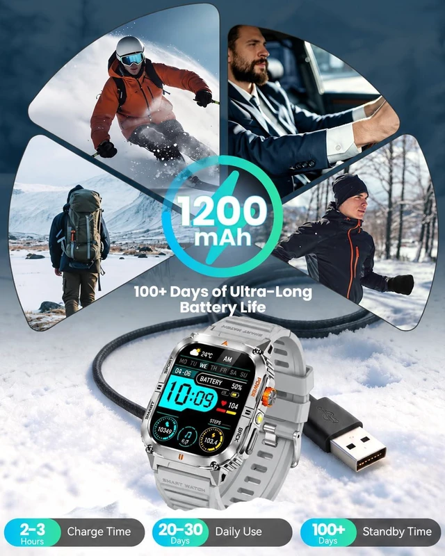 Alt view image 2 of 7 - Military Smart Watch for Men, 30-Day Battery Life, 2.0" AMOLED HD Display Bluetooth Calling, LED Flashlight, 5ATM Waterproof, 110+ Sports Modes, Fitness Smartwatch for Android & iPhone