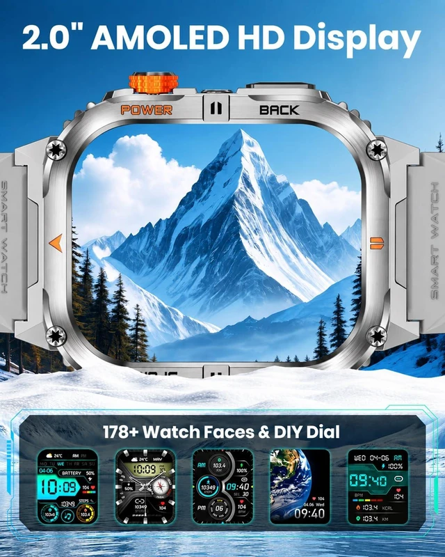Alt view image 3 of 7 - Military Smart Watch for Men, 30-Day Battery Life, 2.0" AMOLED HD Display Bluetooth Calling, LED Flashlight, 5ATM Waterproof, 110+ Sports Modes, Fitness Smartwatch for Android & iPhone