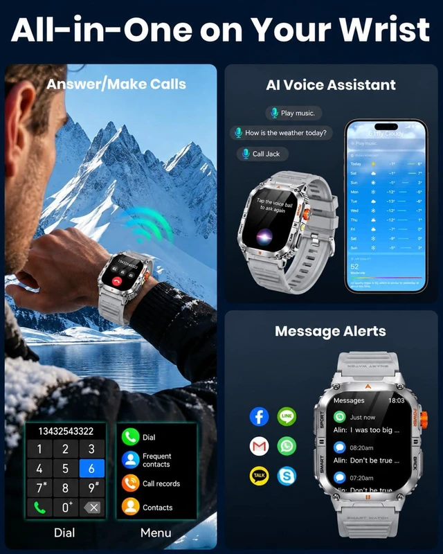 Alt view image 4 of 7 - Military Smart Watch for Men, 30-Day Battery Life, 2.0" AMOLED HD Display Bluetooth Calling, LED Flashlight, 5ATM Waterproof, 110+ Sports Modes, Fitness Smartwatch for Android & iPhone