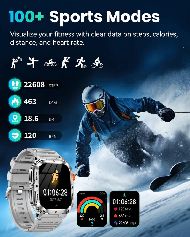 Alt view image 6 of 7 - Military Smart Watch for Men, 30-Day Battery Life, 2.0" AMOLED HD Display Bluetooth Calling, LED Flashlight, 5ATM Waterproof, 110+ Sports Modes, Fitness Smartwatch for Android & iPhone