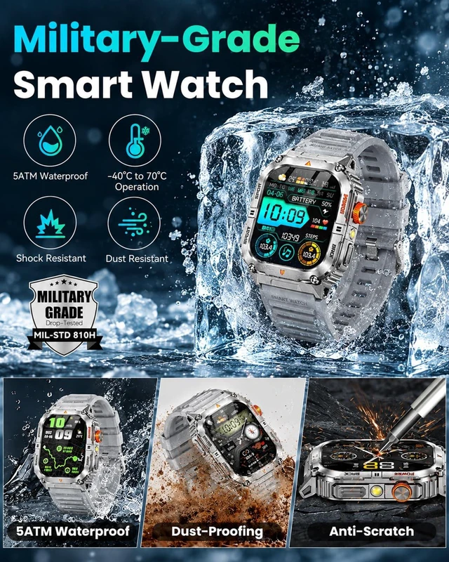 Alt view image 5 of 7 - Military Smart Watch for Men, 30-Day Battery Life, 2.0" AMOLED HD Display Bluetooth Calling, LED Flashlight, 5ATM Waterproof, 110+ Sports Modes, Fitness Smartwatch for Android & iPhone