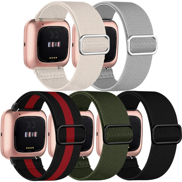 Main image of 5 Pack Bands Compatible with Fitbit Versa 2 Bands for women/Versa Lite/SE, Soft Adjustable Nylon Braided Sport Solo Loop Smartwatch Band for Fitbit Versa2/Lite/SE Women Men