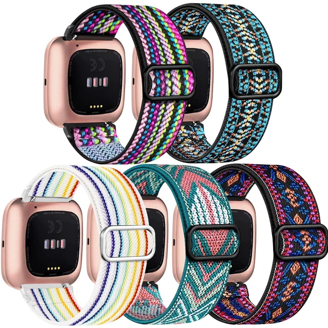 Main image of 5 Pack Bands Compatible with Fitbit Versa 2 Bands for women/Versa Lite/SE, Soft Adjustable Nylon Braided Sport Solo Loop Smartwatch Band for Fitbit Versa2/Lite/SE Women Men