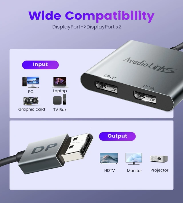 Alt view image 7 of 7 - Display Port Splitter for Dual Monitors, Extended Display for Windows, Dual 4K@60Hz Displayport Splitter 1 in 2 Out, Single 4K@120Hz, DP 1.4 MST Hub Compatible with PC, Laptop, Graphics Card
