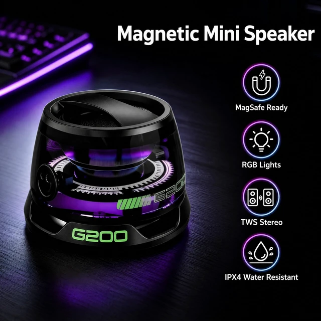 Alt view image 3 of 7 - G200 2-Pack Black Mini Magnetic Bluetooth Speaker with Kickstand IPX4 Waterproof, Full-Range Stereo Sound, TWS Pairing, RGB Lights, Grad Gift, Travel, Cycling, Hiking, Golf, Gym Yoga, Beach