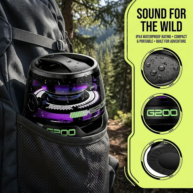Alt view image 6 of 7 - G200 2-Pack Black Mini Magnetic Bluetooth Speaker with Kickstand IPX4 Waterproof, Full-Range Stereo Sound, TWS Pairing, RGB Lights, Grad Gift, Travel, Cycling, Hiking, Golf, Gym Yoga, Beach