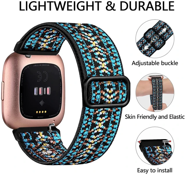Alt view image 2 of 7 - 5 Pack Bands Compatible with Fitbit Versa 2 Bands for women/Versa Lite/SE, Soft Adjustable Nylon Braided Sport Solo Loop Smartwatch Band for Fitbit Versa2/Lite/SE Women Men