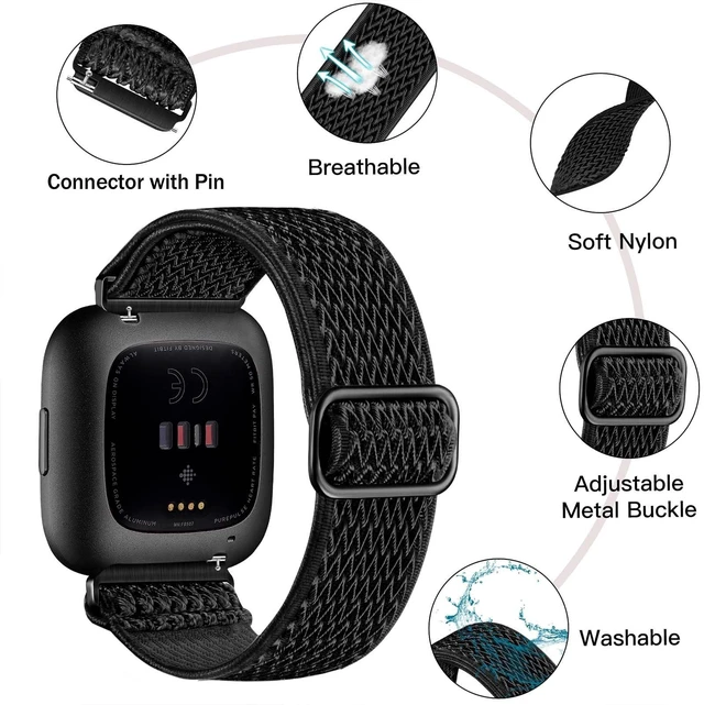 Alt view image 2 of 7 - Stretchy Nylon Watch Band Compatible for Fitbit Versa 2 Bands Women Men Elastic Strap,Soft Breathable Sport Replacement Wristband for Versa 2/ Versa/ Versa lite/Versa SE Smartwatch,Washable 2 Pack