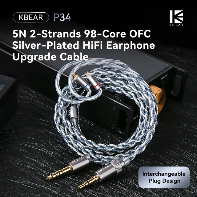 Alt view image 2 of 7 - KBEAR P34 IEM Cable, 5N 2-Strands 98-Core OFC Silver-Plated HiFi Earphone Upgrade 2Pin Cable, Interchangeable 3.5mm/4.4mm Plug, in Ear Monitors Headphones Replacement Wire for Audiophile Musician