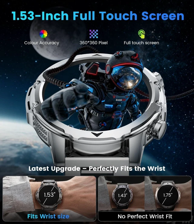 Alt view image 2 of 7 - 1.53'' Smart Watches for Men with 1000mAh Battery/Flashlight, Military Smart Watch with 120+ Sports Modes, Heart Rate/Sleep Monitor/IP68 Waterproof, Fitness Tracker for Android iOS, Silver