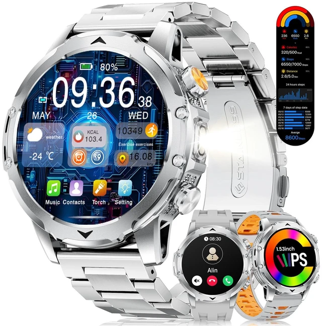 Main image of 1.53'' Smart Watches for Men with 1000mAh Battery/Flashlight, Military Smart Watch with 120+ Sports Modes, Heart Rate/Sleep Monitor/IP68 Waterproof, Fitness Tracker for Android iOS, Silver