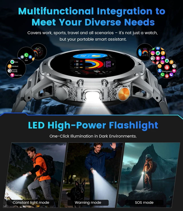 Alt view image 3 of 7 - 1.53'' Smart Watches for Men with 1000mAh Battery/Flashlight, Military Smart Watch with 120+ Sports Modes, Heart Rate/Sleep Monitor/IP68 Waterproof, Fitness Tracker for Android iOS, Silver