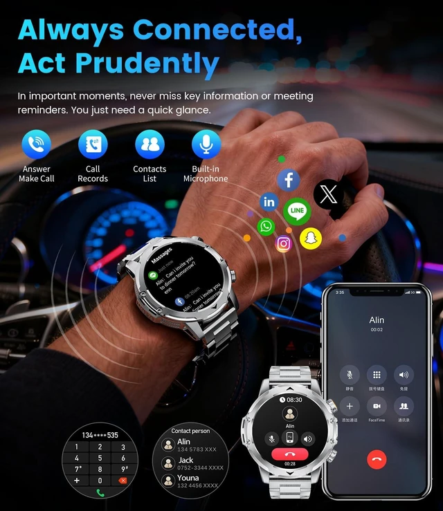 Alt view image 7 of 7 - 1.53'' Smart Watches for Men with 1000mAh Battery/Flashlight, Military Smart Watch with 120+ Sports Modes, Heart Rate/Sleep Monitor/IP68 Waterproof, Fitness Tracker for Android iOS, Silver