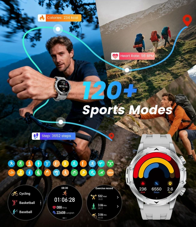 Alt view image 6 of 7 - 1.53'' Smart Watches for Men with 1000mAh Battery/Flashlight, Military Smart Watch with 120+ Sports Modes, Heart Rate/Sleep Monitor/IP68 Waterproof, Fitness Tracker for Android iOS, Silver