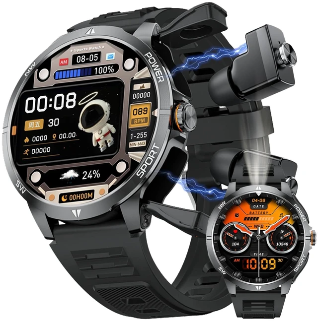 Main image of Smart Watch with Earbuds for Men and Women, Compass & FlashLight, Heart Rate Monitor Smartwatch, BT Calling, 100+ Sports Modes, Fitness Tracker, Android iOS Compatible