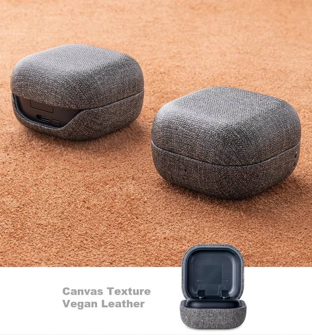 Alt view image 2 of 7 - Case for Samsung Galaxy Buds4 & Buds 4 Pro (2026) - Gray Canvas Style Vegan Leather - Handmade Drop Protection Hard Shell Cover - Samsung Buds 4 Case Cover with Lanyard