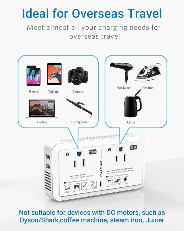 Alt view image 6 of 7 - Universal Travel Adapter Voltage Converter US to Europe 2000W 220V to 110V Converter with 2 USB Ports and EU/UK/AUS Plug Adapter for Hair Dryer/Curling Iron