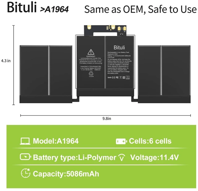 Alt view image 2 of 6 - A1964 A1989 A2251 Laptop Battery Replacement for MacBook Pro 13 Inch A1989 (Mid 2018, 2019) & A2251 (2020), EMC 3214 3358 3348