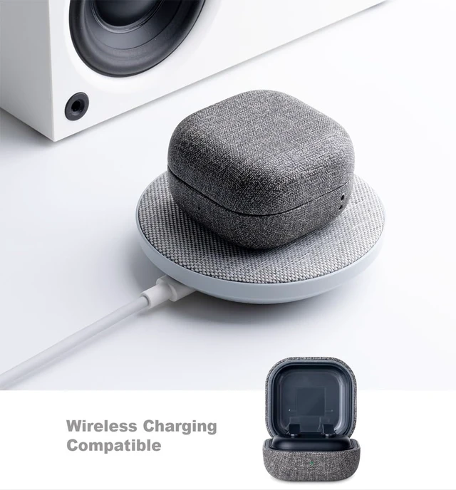 Alt view image 5 of 7 - Case for Samsung Galaxy Buds4 & Buds 4 Pro (2026) - Gray Canvas Style Vegan Leather - Handmade Drop Protection Hard Shell Cover - Samsung Buds 4 Case Cover with Lanyard