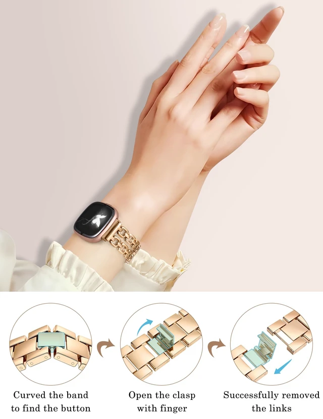 Alt view image 4 of 6 - Metal Band Compatible with Fitbit Versa 4 3/Sense 2 1 Bands Women Dressy Chain Strap Designer Stainless Steel Bracelet Wristband for Versa 3 4/Sense 2/Sense Smartwatch Accessories