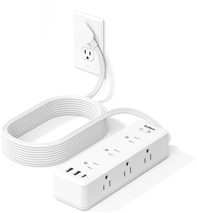 Main image of 5 FT Extension Cord Flat Wall Plug, Power Strip, 6 Outlet Extender with 3 USB (5V/3.4A 17W) Charging Ports, Power Strip with Surge Protector, Mounted for for Home Office Dorm Roomc, White
