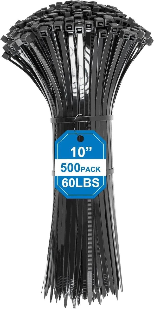 Main image of Zip Ties 10 Inch -500 Pcs Black Cable Ties for Cable Management Black Zip Ties 60lbs Tensile Strength, Self-Locking Cable Ties, UV & Flame Resistant Nylon Zipties for Indoor and Outdoor Use