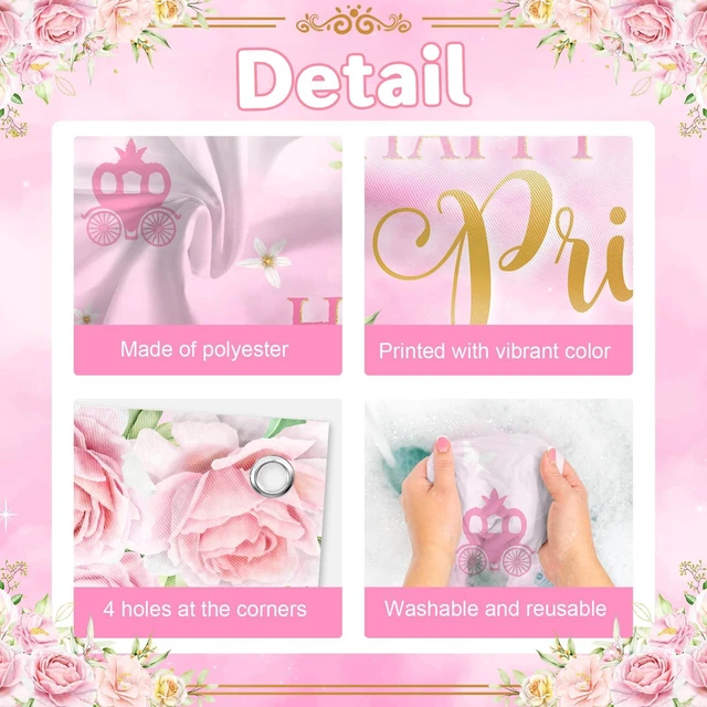 Alt view image 7 of 7 - Princess Happy Birthday Backdrop Banner 6 x 3.6 ft Polyester Fabric, Pink Princess Birthday Party Decorations Pastel Floral Castle Backdrop for Girls Princess Party Supplies