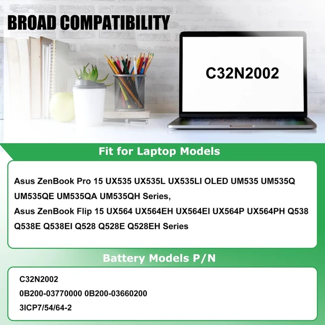 Alt view image 3 of 7 - C32N2002 Battery Replacement for Asus ZenBook Pro 15 UX535 UX535L For UX535LI UX535LI-XH77T UX564 UX564EH UX564PH UX564EI UX564EI-H2038T UX564PH-EZ007R 71A15CB1 Series Notebook, 11.55V 96Wh