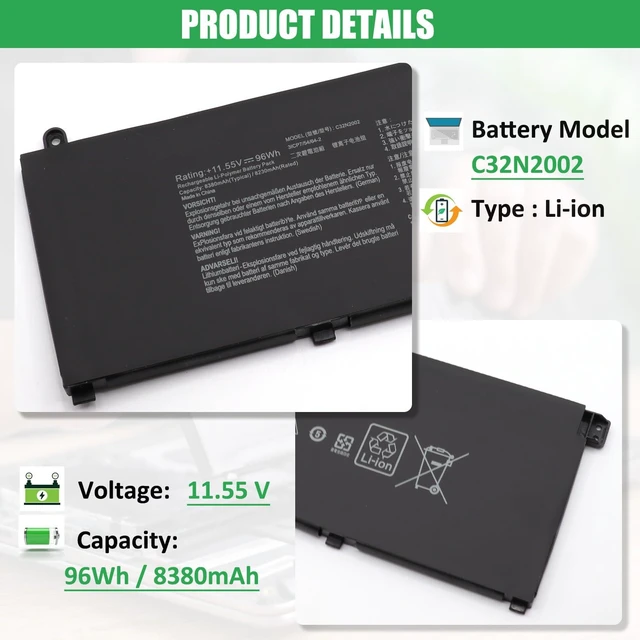 Alt view image 2 of 7 - C32N2002 Battery Replacement for Asus ZenBook Pro 15 UX535 UX535L For UX535LI UX535LI-XH77T UX564 UX564EH UX564PH UX564EI UX564EI-H2038T UX564PH-EZ007R 71A15CB1 Series Notebook, 11.55V 96Wh