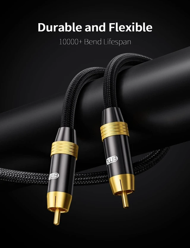Alt view image 3 of 7 - EMK Subwoofer Cable OFC Core HiFi SPDIF Coaxial Audio Cable 24K Gold-Plated Premium S/PDIF RCA Male to RCA Male for Home Theater, Soundbar,Speaker,HDTV, Subwoofer, Hi-Fi Systems (16.5ft/5m)