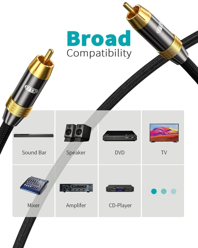 Alt view image 4 of 7 - EMK Subwoofer Cable OFC Core HiFi SPDIF Coaxial Audio Cable 24K Gold-Plated Premium S/PDIF RCA Male to RCA Male for Home Theater, Soundbar,Speaker,HDTV, Subwoofer, Hi-Fi Systems (16.5ft/5m)
