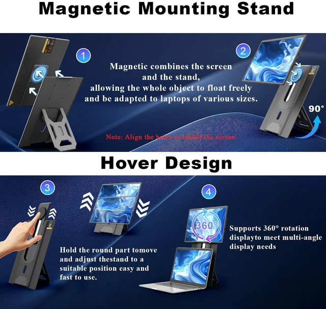 Alt view image 4 of 7 - Laptop Screen Extender FHD Portable Monitor 16.1" 1200P FHD, 120% RGB Color, 16:10 Raton, Height-Adjustable, Magnetic Stand, VESA Mountable, Full-OS Compatibility